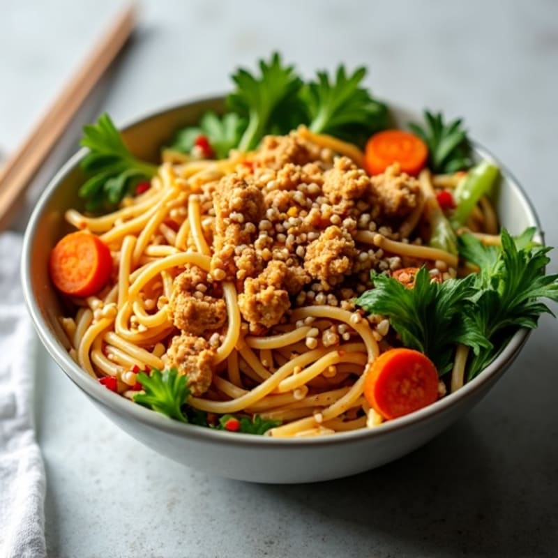 Spicy Peanut Sesame Ground Chicken Noodles with Crisp Greens