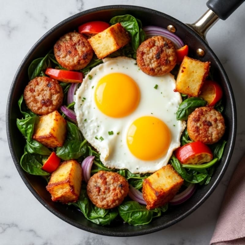 Crispy Potato and Egg Skillet with Lean Turkey Sausage and Fresh Vegetables