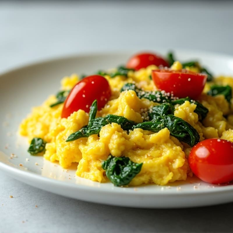 Fluffy Scrambled Eggs with Sautéed Spinach and Cherry Tomatoes