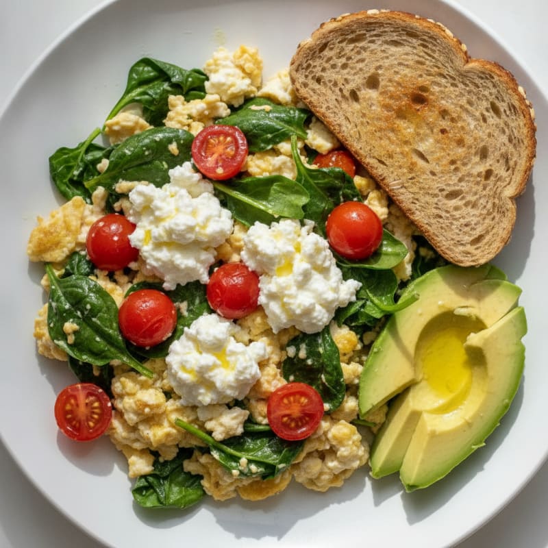 Egg White and Spinach Scramble with Cottage Cheese and Cherry Tomatoes