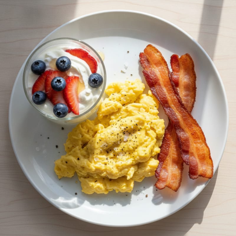 Berry Greek Yogurt Parfait with Eggs and Bacon