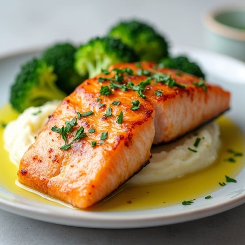 Seared Salmon with Steamed Broccoli and Garlic Mashed Potatoes