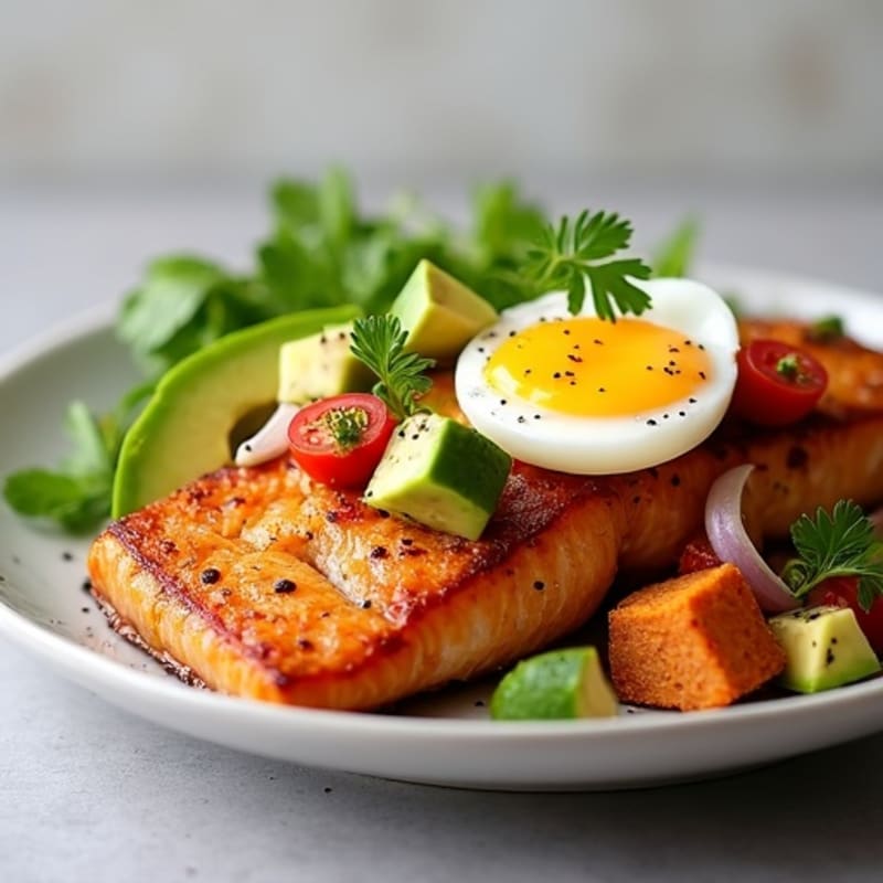 Seared Salmon with Roasted Sweet Potatoes and Avocado Salsa