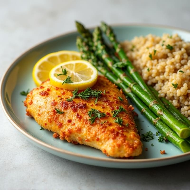 Crispy Lemon Herb Chicken with Roasted Asparagus and Quinoa
