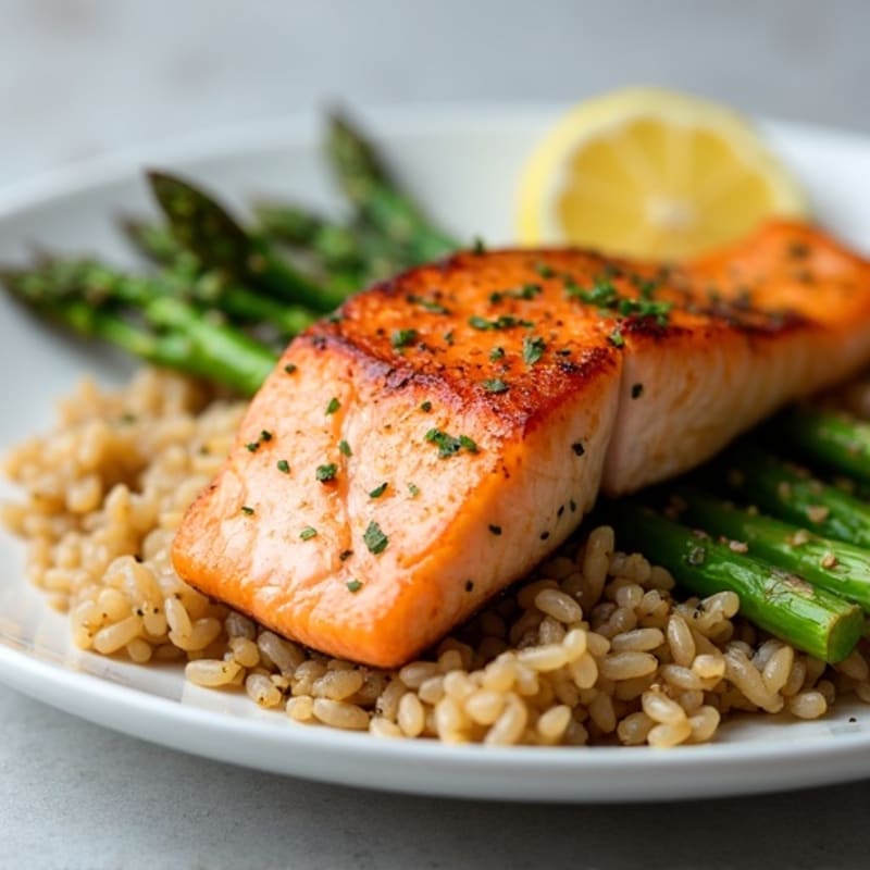 Seared Salmon with Steamed Asparagus and Brown Rice
