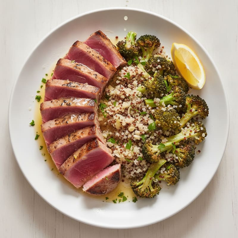 Seared Tuna Steak with Roasted Broccoli and Herb Quinoa