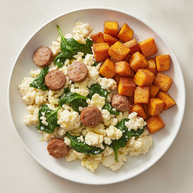 Egg White and Turkey Sausage Scramble with Spinach and Roasted Sweet Potato