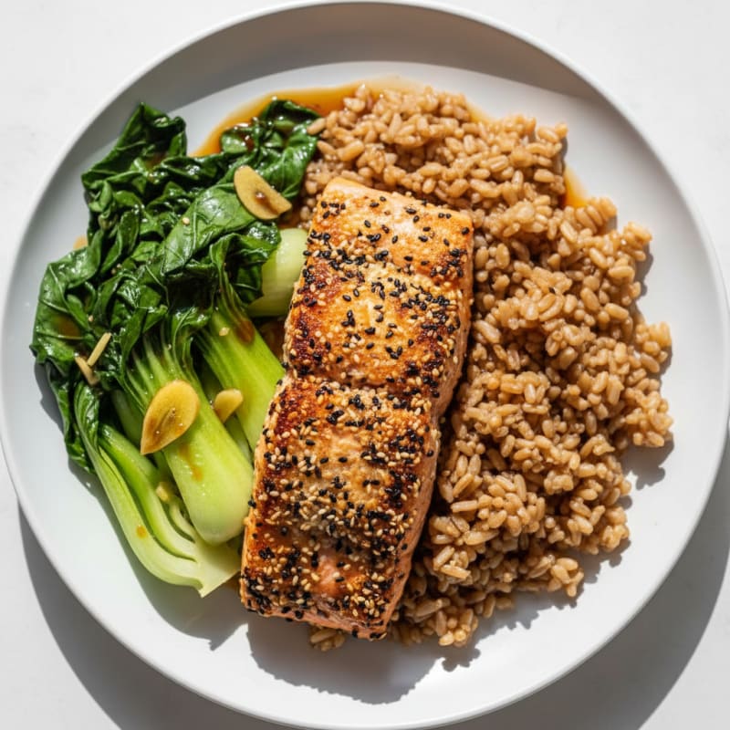 Seared Sesame Salmon with Steamed Bok Choy and Brown Rice