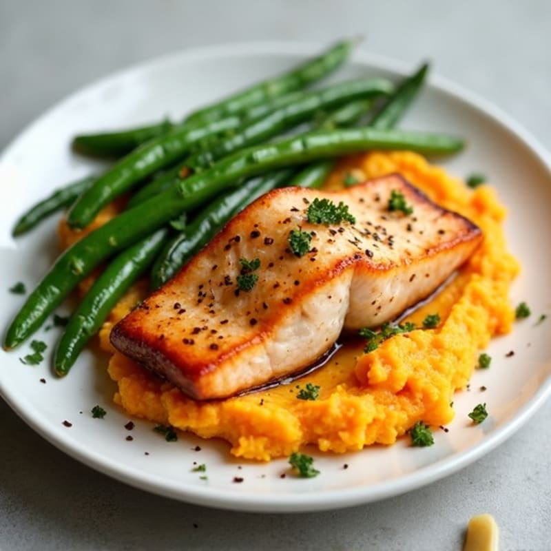 Seared Salmon with Garlic Green Beans and Mashed Sweet Potato
