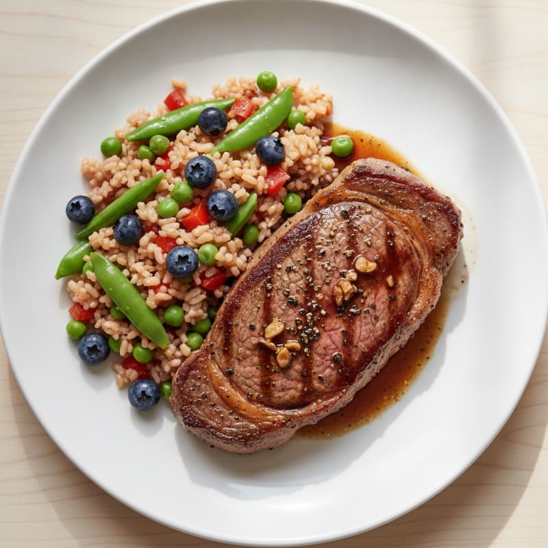 Pan-Seared Ribeye with Peppered Rice and Peas