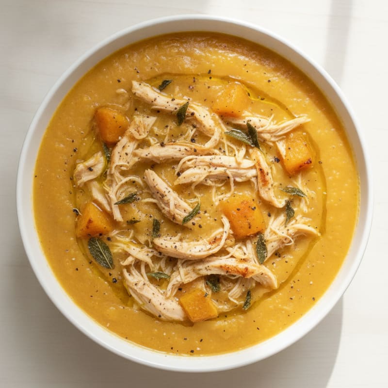 Roasted Butternut Squash and Apple Soup with Shredded Chicken