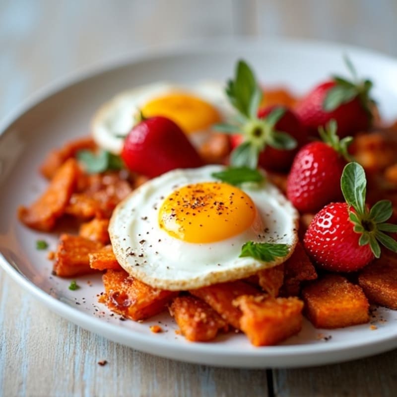 Roasted Sweet Potato Hash with Fried Eggs and Fresh Strawberries