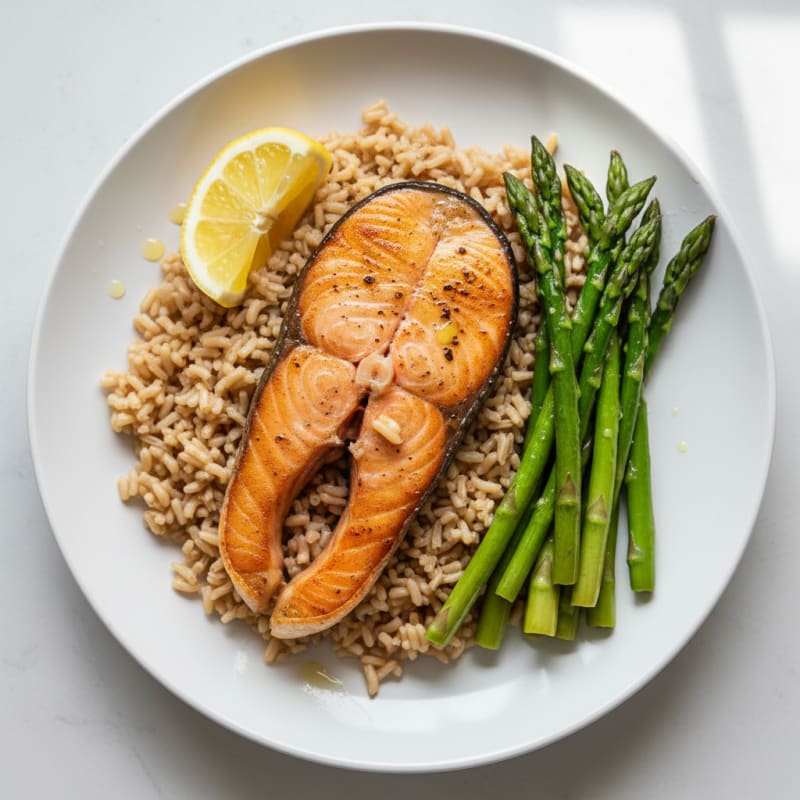 Seared Salmon Fillet with Steamed Asparagus and Brown Rice