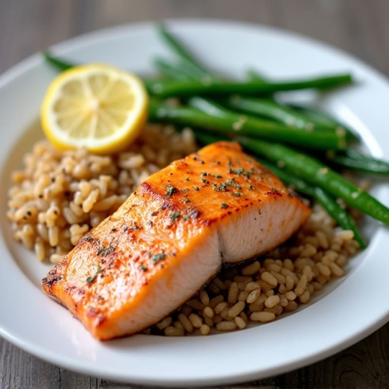 Seared Salmon Fillet with Steamed Green Beans and Brown Rice