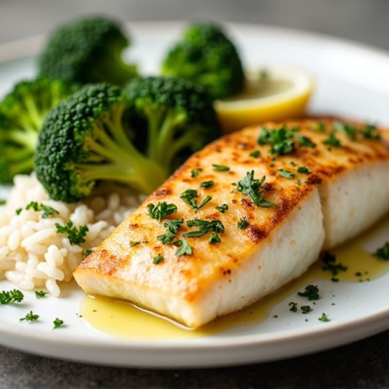 Lemon Herb Pan-Seared Snapper with Fluffy Rice and Roasted Broccoli
