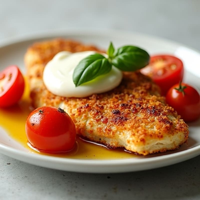 Crispy Chicken Breast with Roasted Tomatoes, Melty Mozzarella, and Fresh Basil