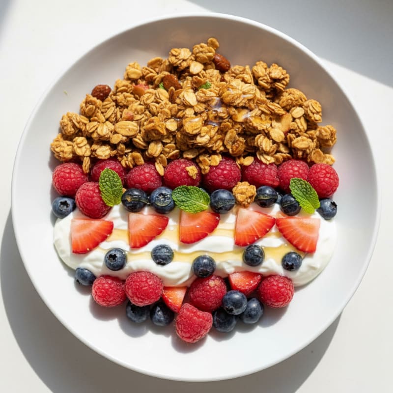 Greek Yogurt Parfait with Crunchy Almond Granola and Fresh Berries