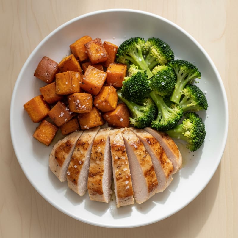 Seared Turkey Breast with Roasted Sweet Potato and Steamed Broccoli