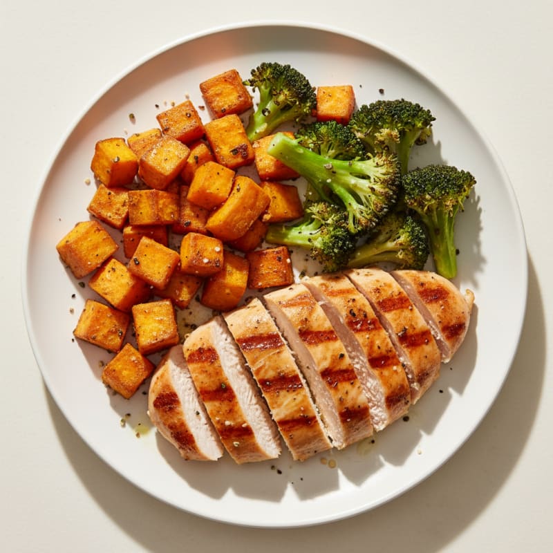 Grilled Chicken Breast with Roasted Sweet Potato and Broccoli