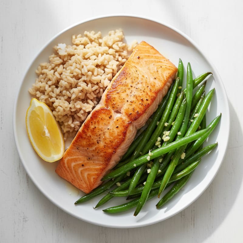 Seared Salmon with Garlic Green Beans and Brown Rice