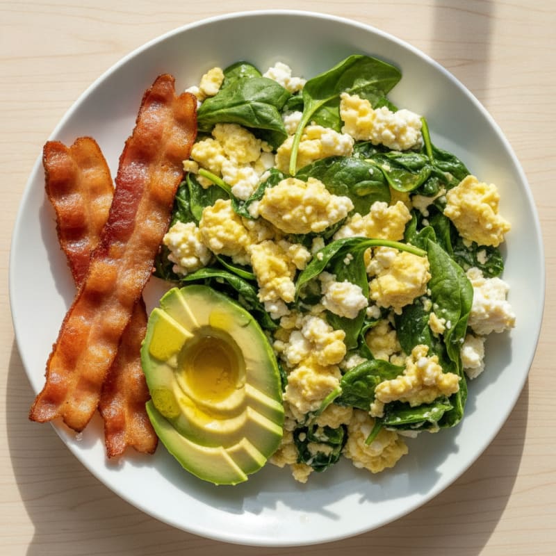 Cottage Cheese Egg Scramble with Spinach and Turkey Bacon