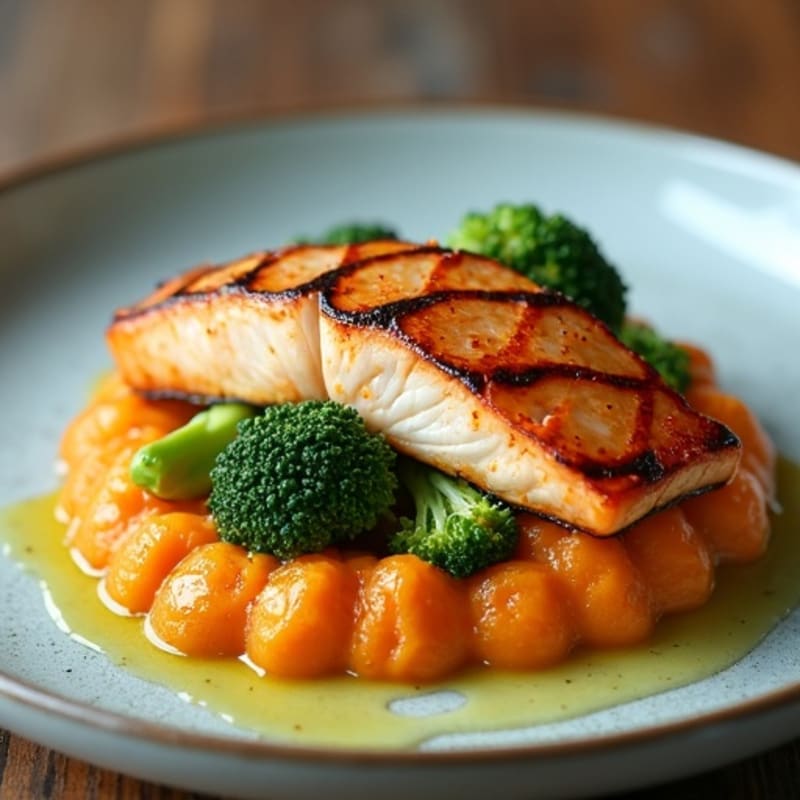 Seared Salmon with Roasted Broccoli and Sweet Potato Mash