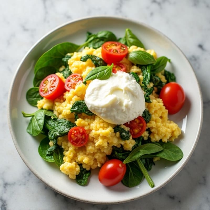 Egg White Spinach Scramble with Cottage Cheese and Cherry Tomatoes