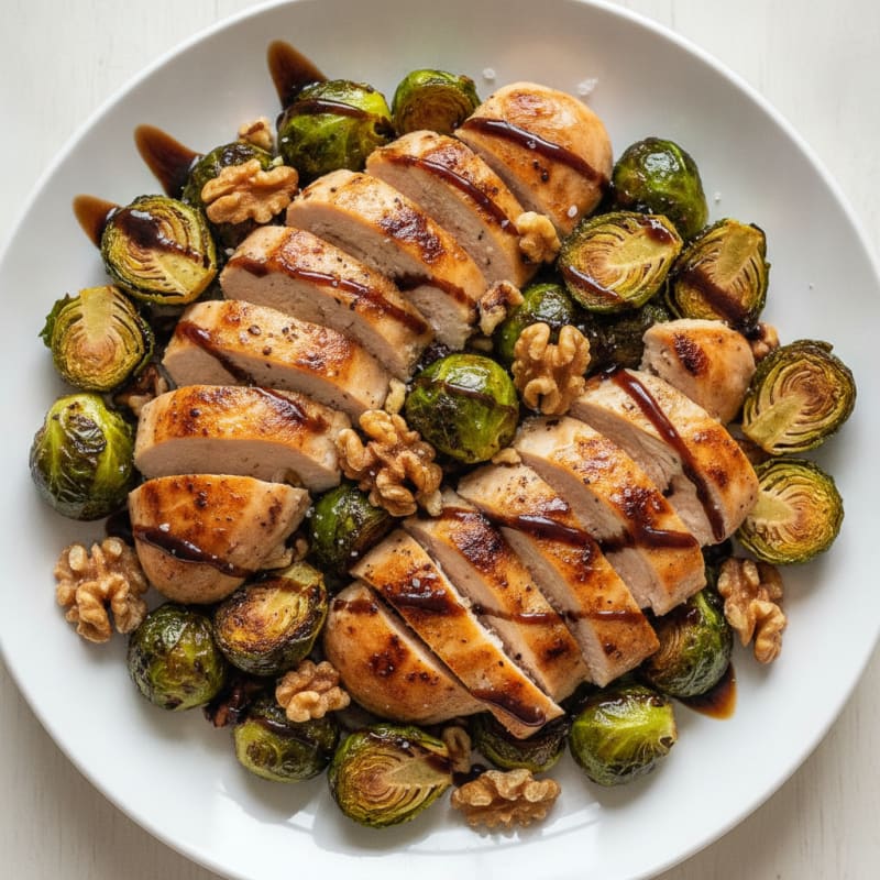 Balsamic-Glazed Brussels Sprouts with Toasted Walnuts and Chicken