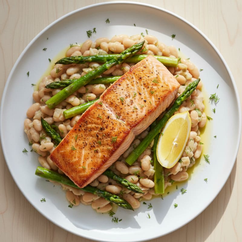 Seared Salmon with Creamy White Beans and Asparagus