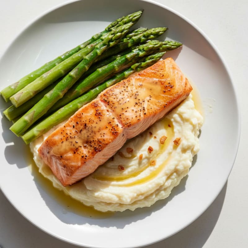 Seared Salmon with Steamed Asparagus and Garlic Mashed Cauliflower