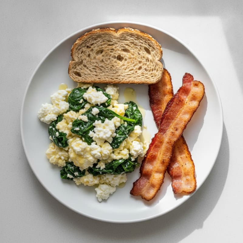 Egg White and Spinach Scramble with Cottage Cheese and Turkey Bacon
