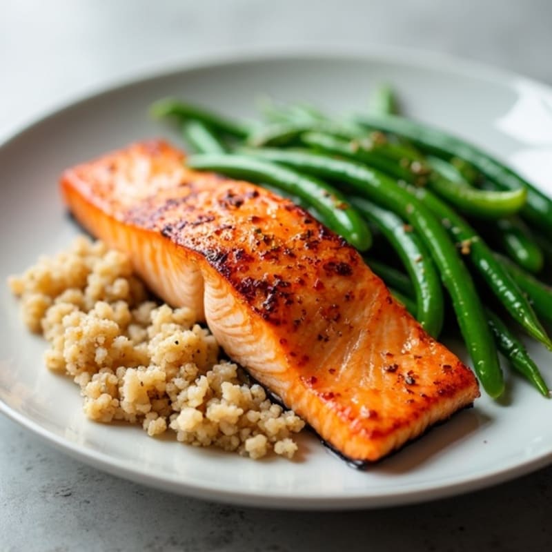 Pan-Seared Salmon with Steamed Green Beans and Brown Rice