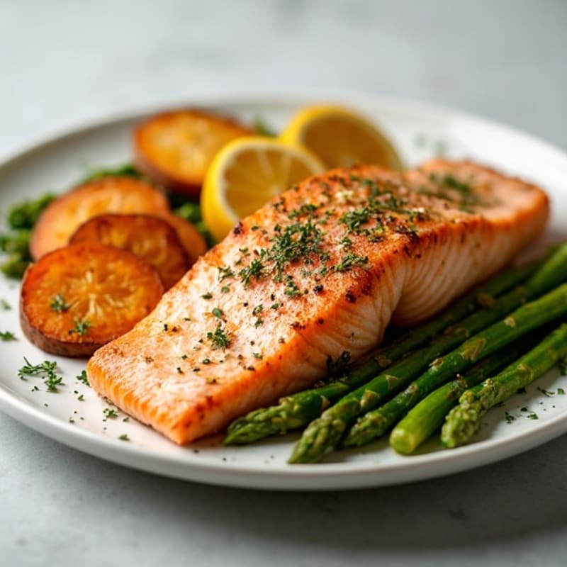 Crispy Lemon-Herb Roasted Salmon with Roasted Asparagus and Sweet Potato