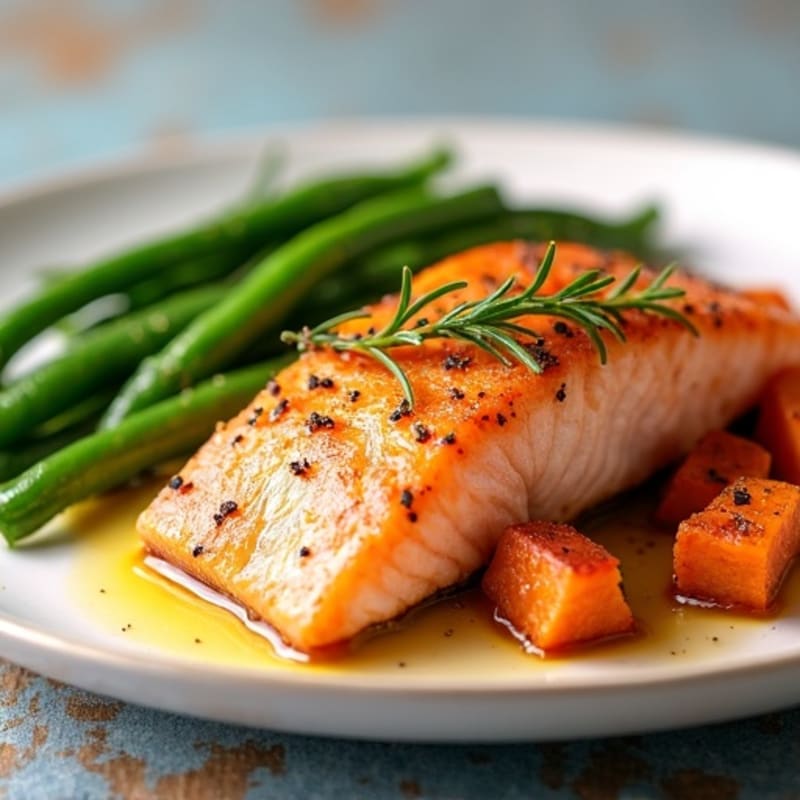 Seared Salmon with Roasted Sweet Potatoes and Green Beans