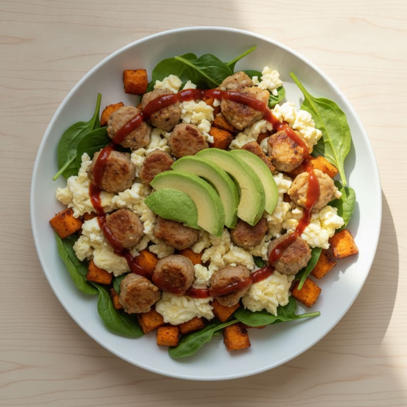 Crispy Turkey Sausage and Egg White Scramble with Roasted Sweet Potatoes