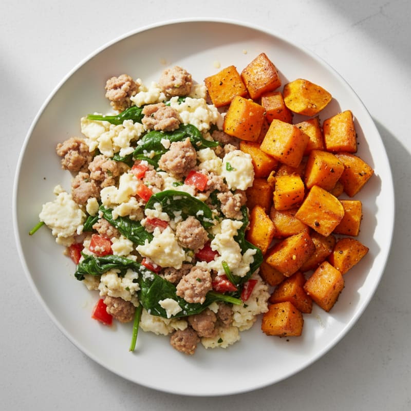 Egg White and Turkey Sausage Scramble with Roasted Sweet Potatoes