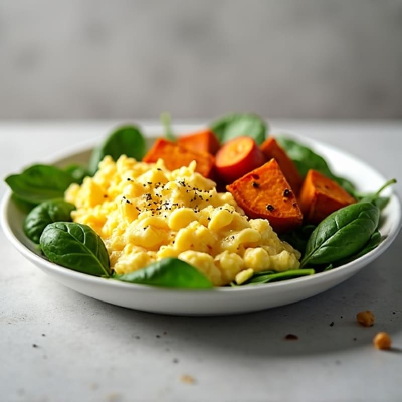 Protein-Packed Scrambled Eggs with Roasted Sweet Potatoes and Fresh Spinach