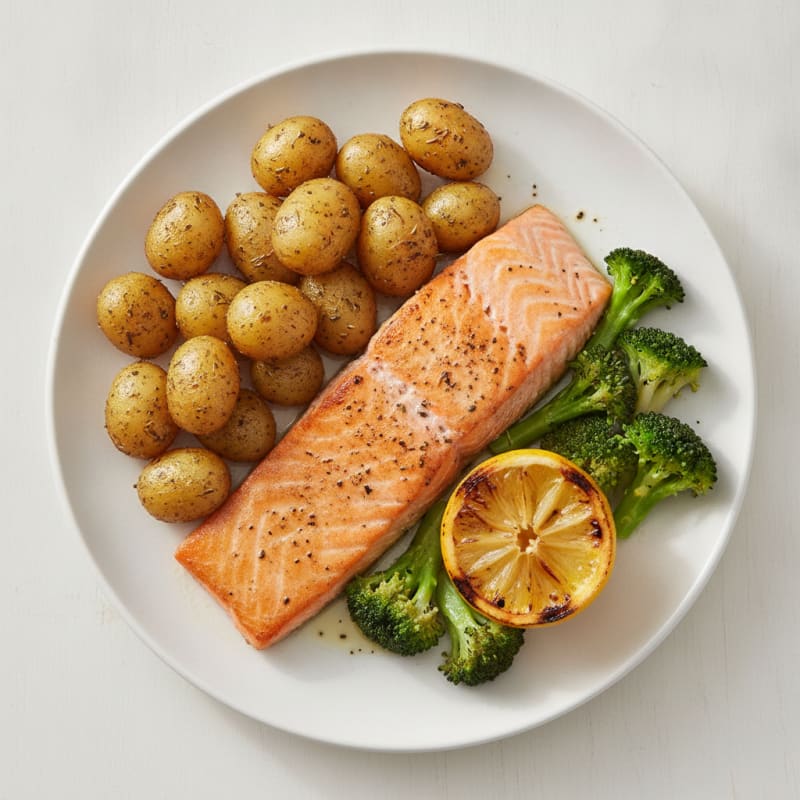 Pan-Seared Salmon with Herb Roasted Potatoes and Broccoli