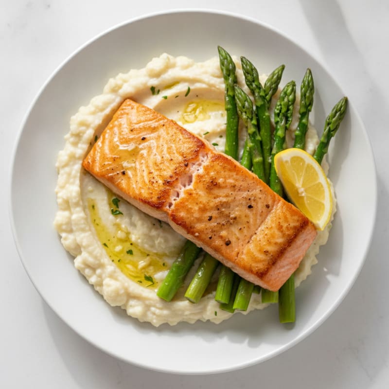 Seared Salmon with Steamed Asparagus and Garlic Cauliflower Mash