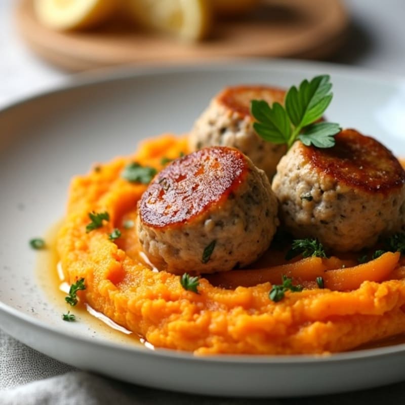 Herb-Seasoned Turkey Meatballs with Roasted Sweet Potato Mash