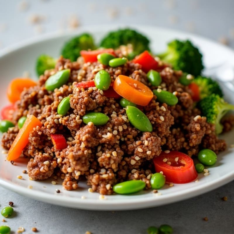 Sweet and Savory Sesame Ground Beef with Crispy Vegetables