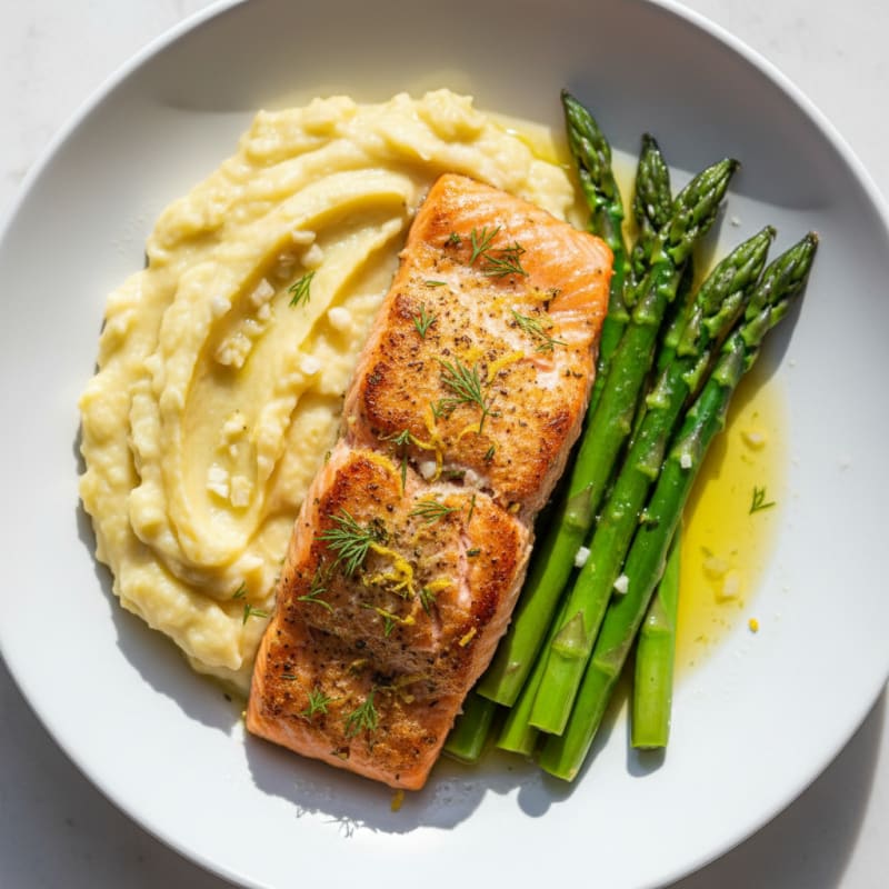 Herb-Roasted Salmon with Garlic Mashed Plantains