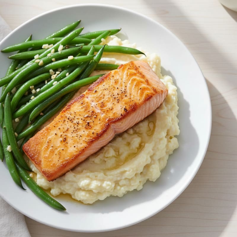 Seared Salmon Fillet with Garlic Green Beans and Cauliflower Mash