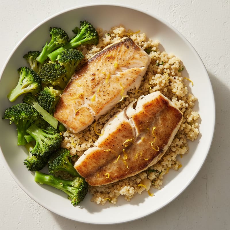 Seared Tilapia with Steamed Broccoli and Lemon Zest Quinoa