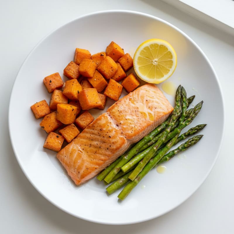 Seared Salmon Fillet with Roasted Sweet Potato and Asparagus