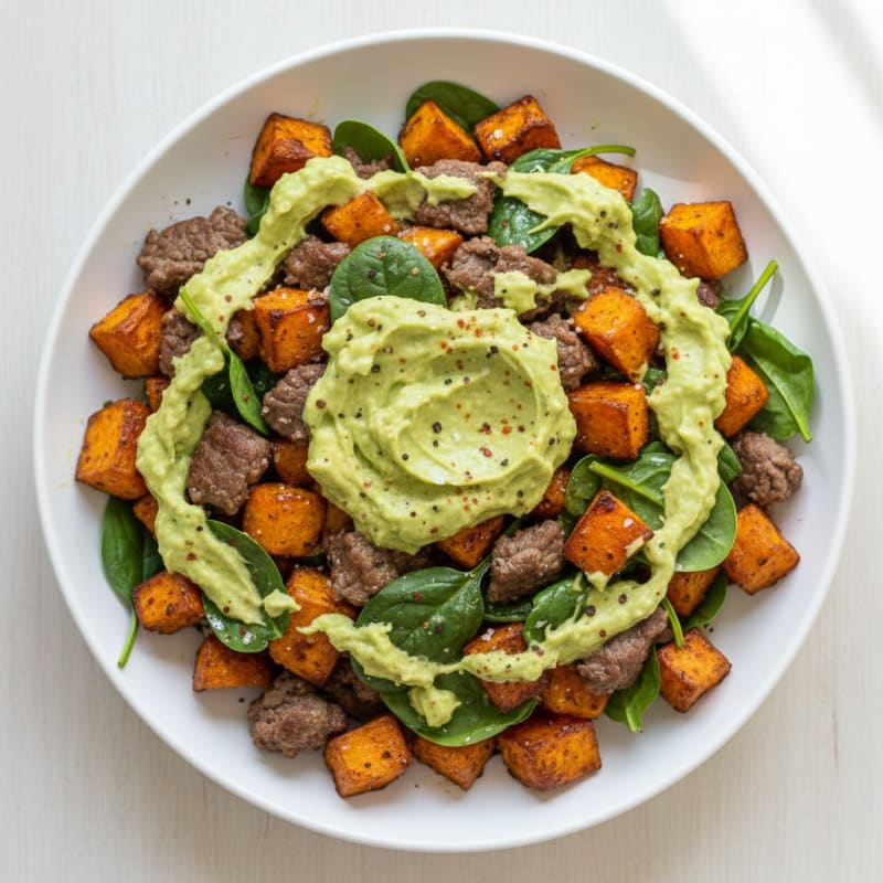 Creamy Avocado Beef & Roasted Sweet Potatoes