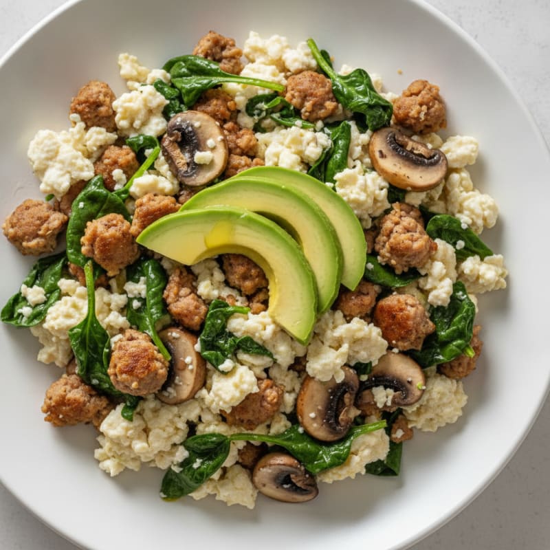 Egg White and Turkey Sausage Scramble with Spinach and Mushrooms