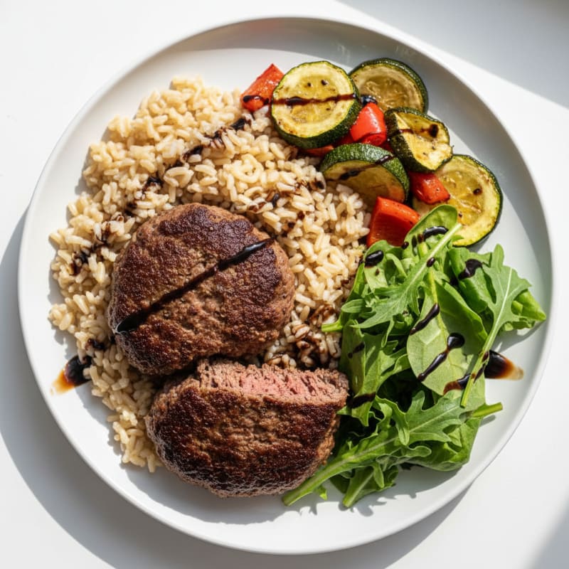 Seared Lean Beef Patty with Roasted Vegetables and Brown Rice