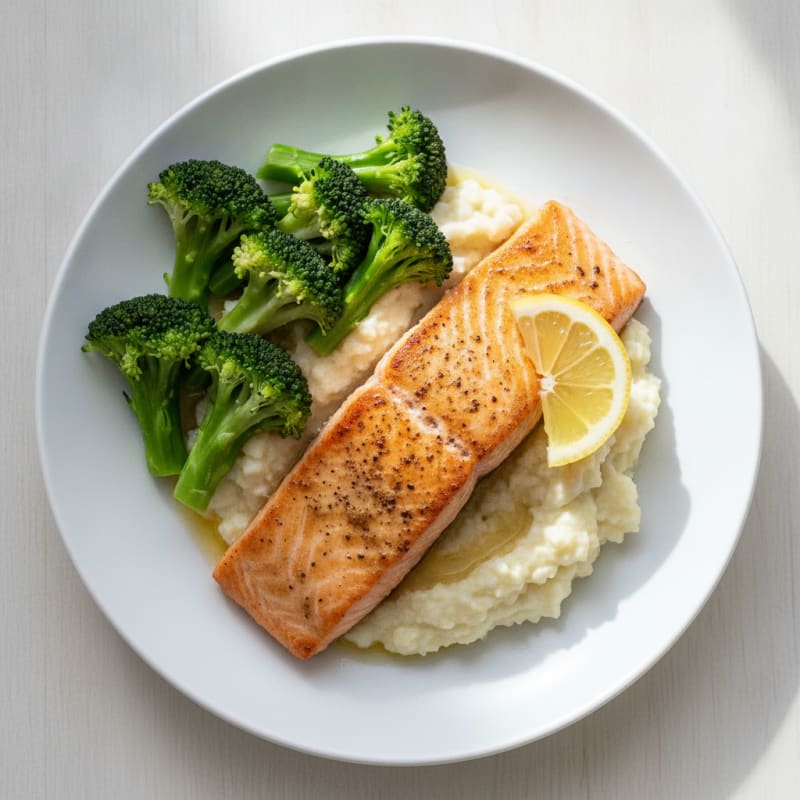 Seared Salmon with Steamed Broccoli and Garlic Cauliflower Mash