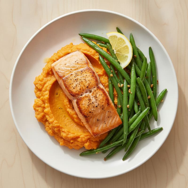 Seared Salmon with Garlic Green Beans and Sweet Potato Mash
